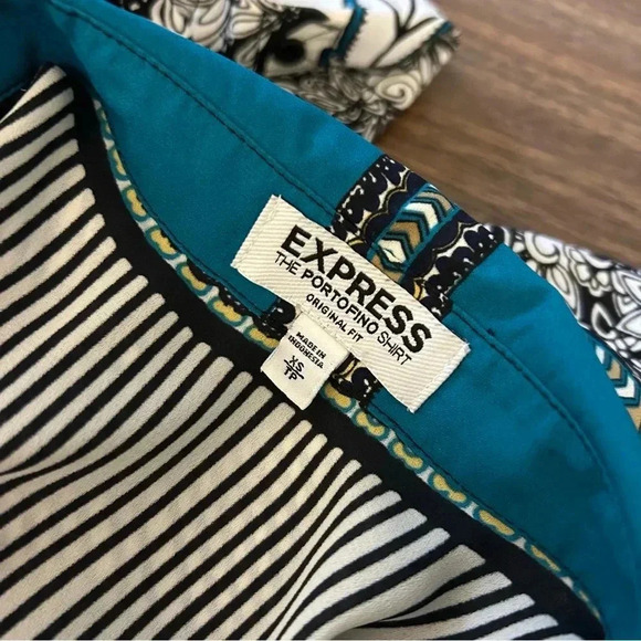 ❤️ Express Portofino Blouse Teal Black Roll Tab Sleeves Floral Stripes XS - Picture 5 of 11